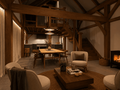 Small timber barn home interior with exposed timber beams