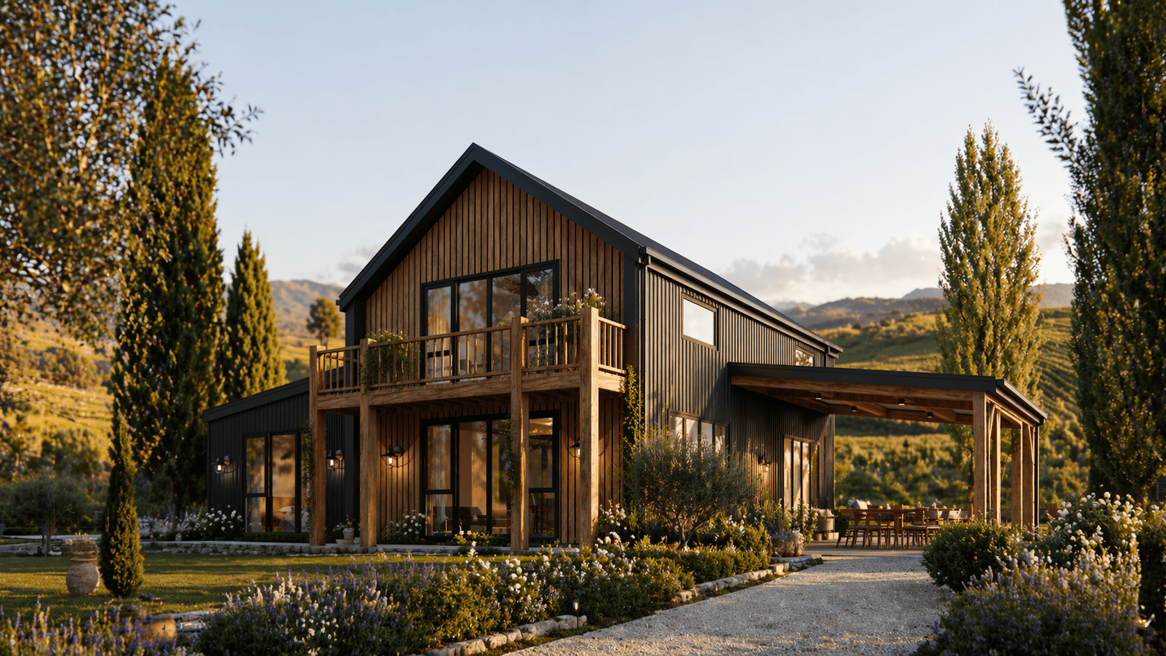 Modern timber frame barn house with mezzanine lounge, ensuite bedroom and vaulted ceilings
