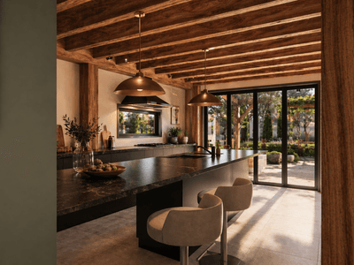 1Modern rural barn home interior with covered outdoor living and Italian-style gardens