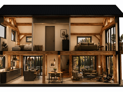 Luxury New Zealand barn home with large entertaining areas and timber beam construction cross sectional