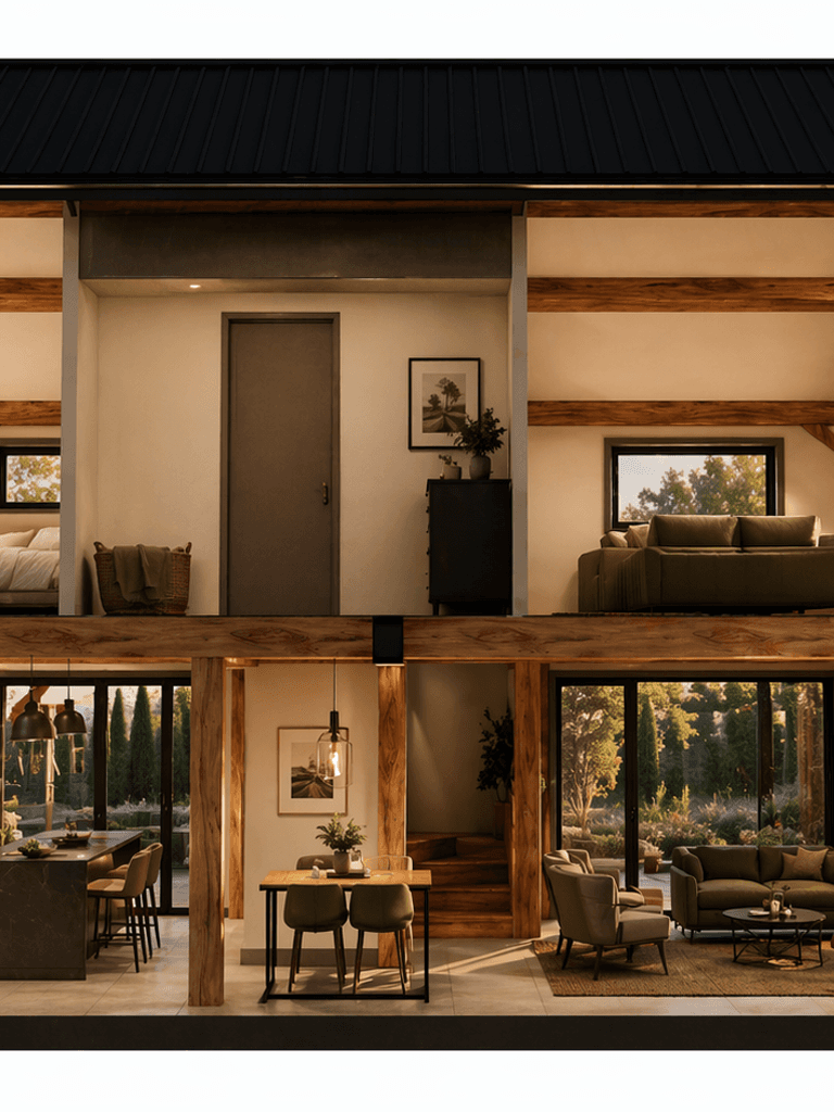 Luxury New Zealand barn home with large entertaining areas and timber beam construction cross sectional