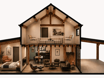 Contemporary two-bedroom barn house with ensuite and double-height living space cross sectional