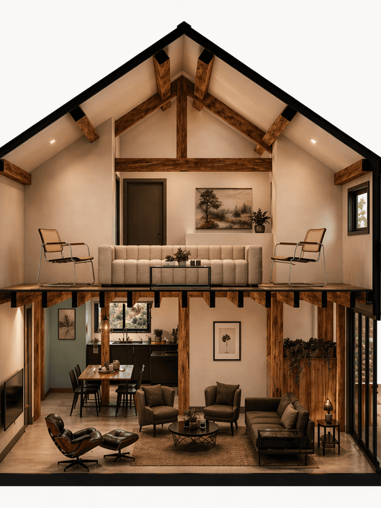 Contemporary two-bedroom barn house with ensuite and double-height living space cross sectional