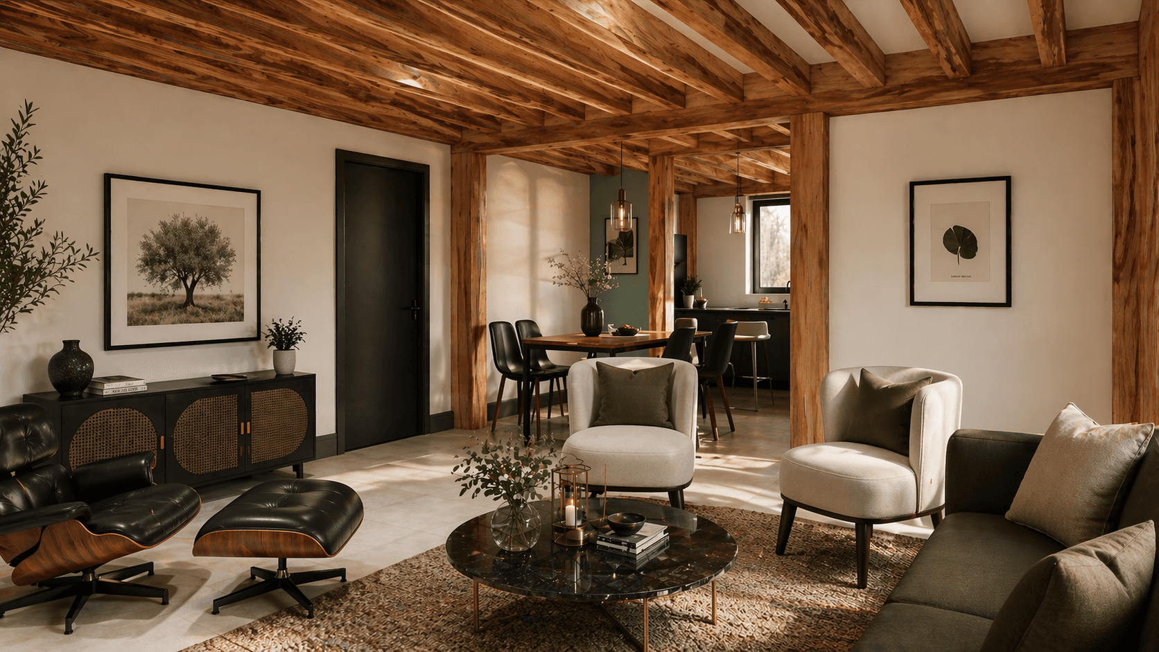 Spacious open-plan living and dining area inside a contemporary timber frame barn home