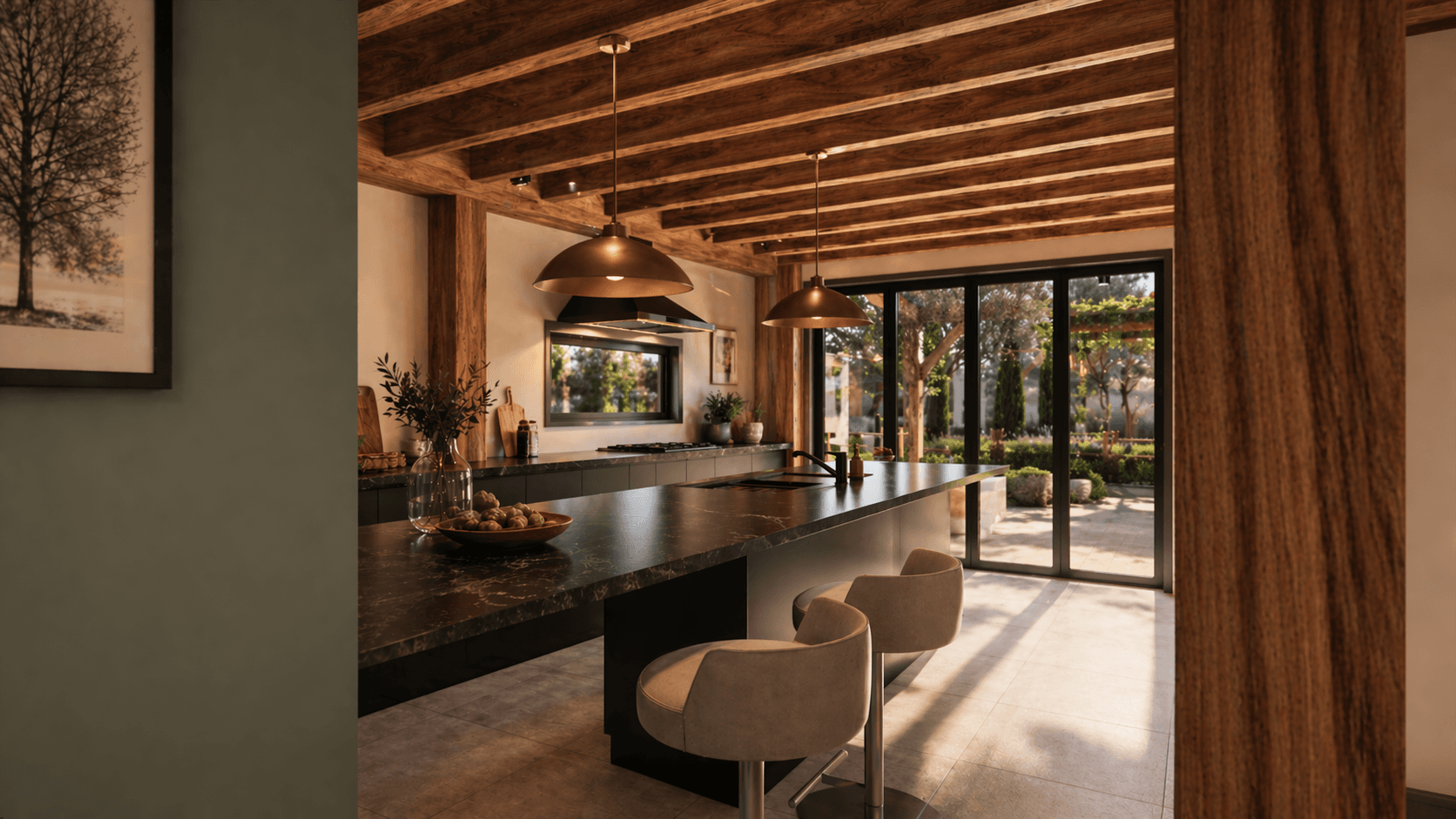 1Modern rural barn home interior with covered outdoor living and Italian-style gardens