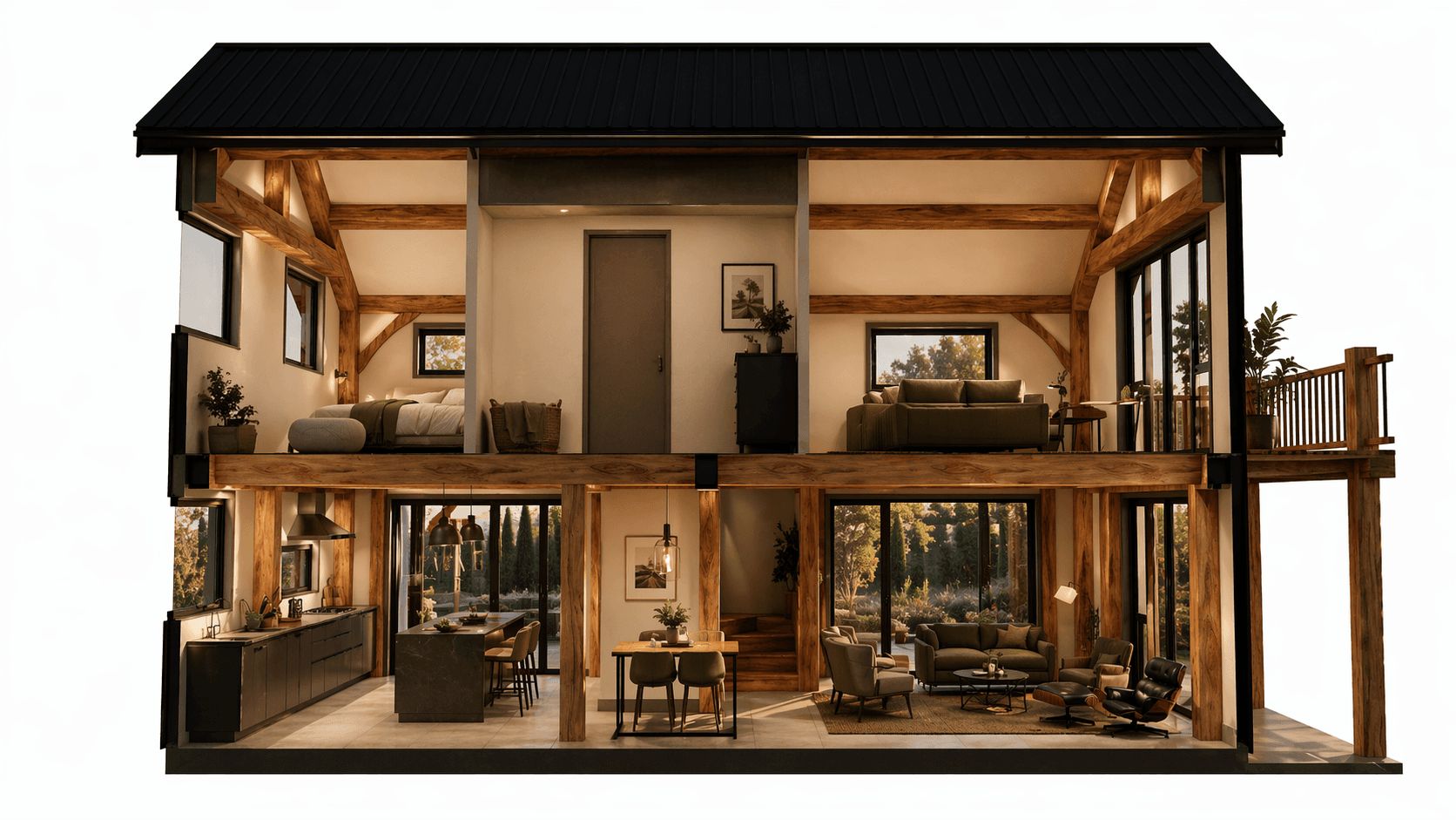 Luxury New Zealand barn home with large entertaining areas and timber beam construction cross sectional