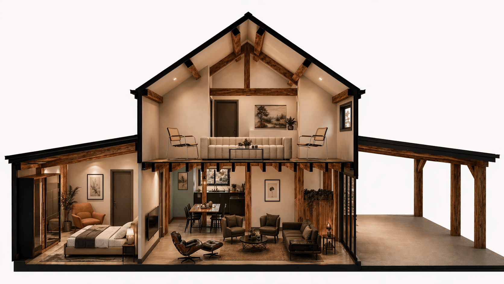Contemporary two-bedroom barn house with ensuite and double-height living space cross sectional