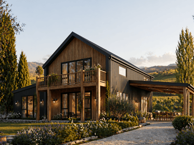 Modern timber frame barn house with mezzanine lounge, ensuite bedroom and vaulted ceilings