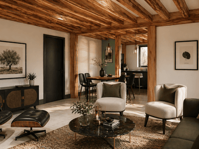 Spacious open-plan living and dining area inside a contemporary timber frame barn home