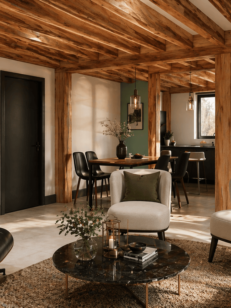 Spacious open-plan living and dining area inside a contemporary timber frame barn home
