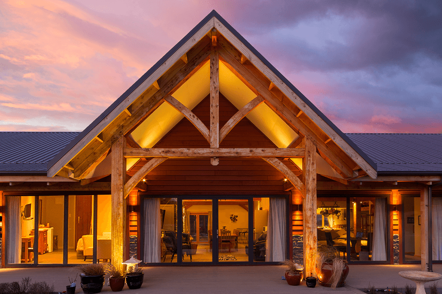 Exterior of a striking alpine timberframe hotel in Hanmer NZ