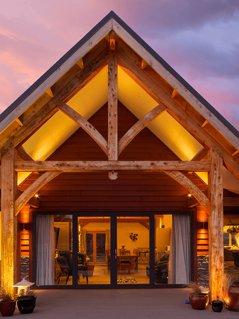 Exterior of a striking alpine timberframe hotel in Hanmer NZ