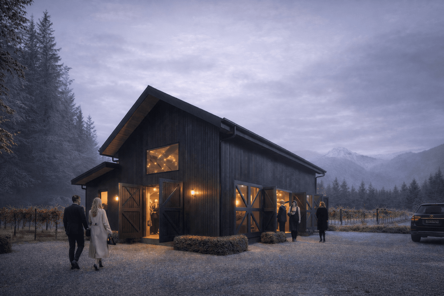 Timber frame vineyard barn with wide veranda New Zealand