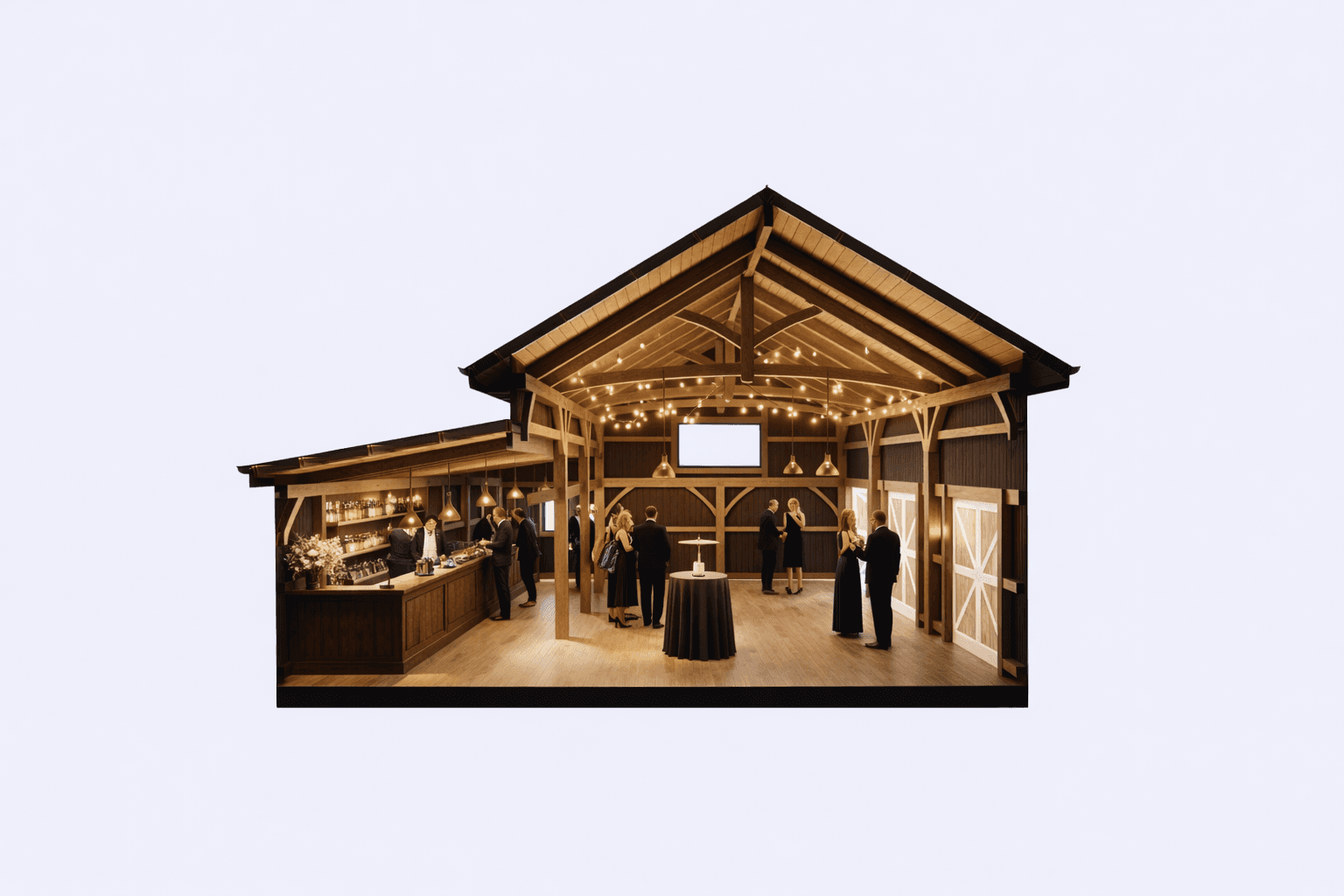 Single storey barn tasting room interior timber beams cross section