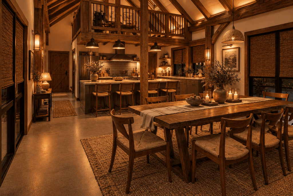Architectural timber frame farmhouse with exposed post-and-beam construction by Heritage Timbercraft