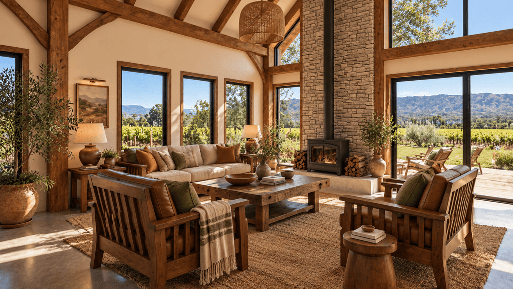 Rural timber frame home living area surrounded by vineyards and native landscaping