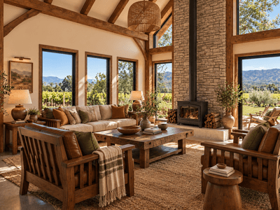 Rural timber frame home living area surrounded by vineyards and native landscaping