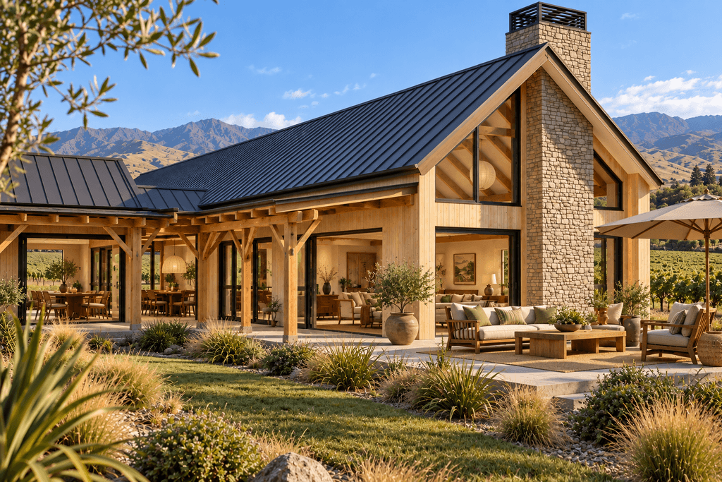 Luxury L-shaped timber frame house with exposed Douglas-fir beams and roof trusses by Heritage Timbercraft