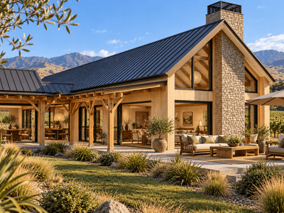 Luxury L-shaped timber frame house with exposed Douglas-fir beams and roof trusses by Heritage Timbercraft