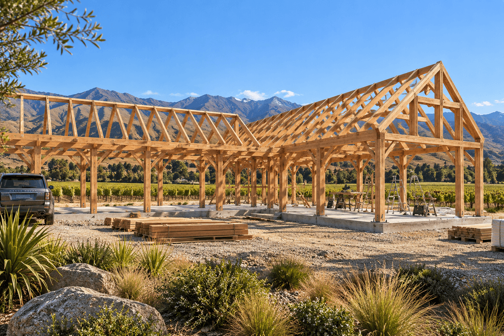 L-shaped Douglas-fir timber frame home under construction in a rural New Zealand setting
