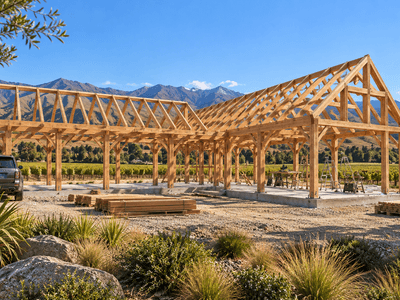 L-shaped Douglas-fir timber frame home under construction in a rural New Zealand setting