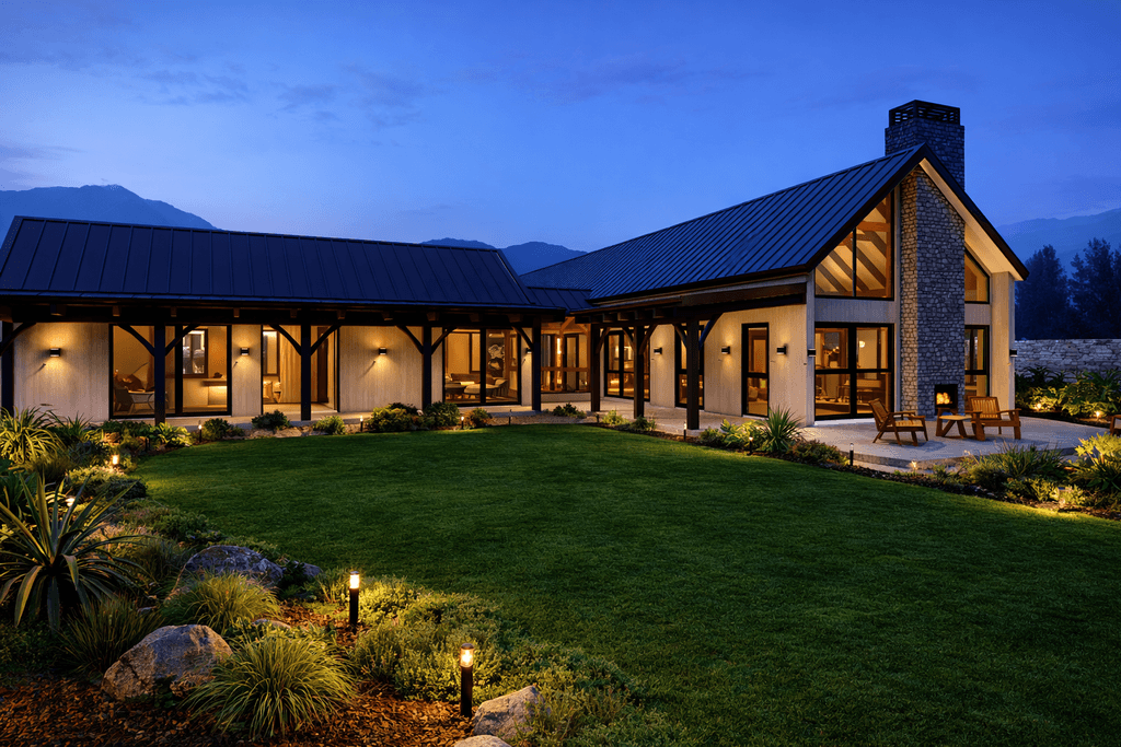 L-shaped timber frame barn home handmade in New Zealand