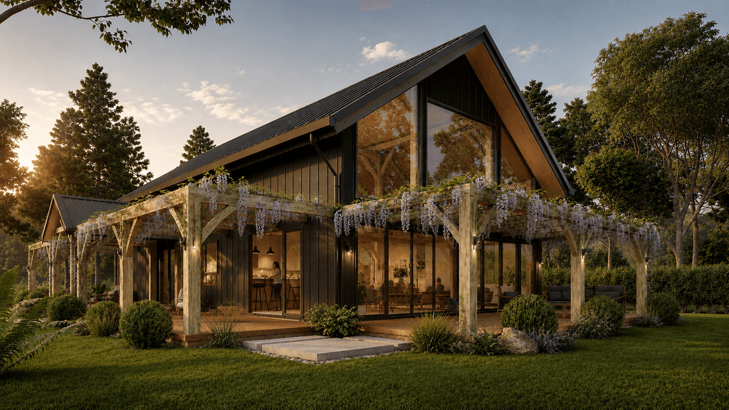 224m² timber frame barn home with customisable floor plan built from New Zealand timber post and beam construction