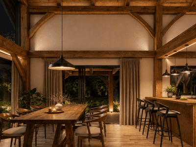 New Zealand timber barn home kitchen and living area showcasing traditional post and beam craftsmanship and contemporary country design