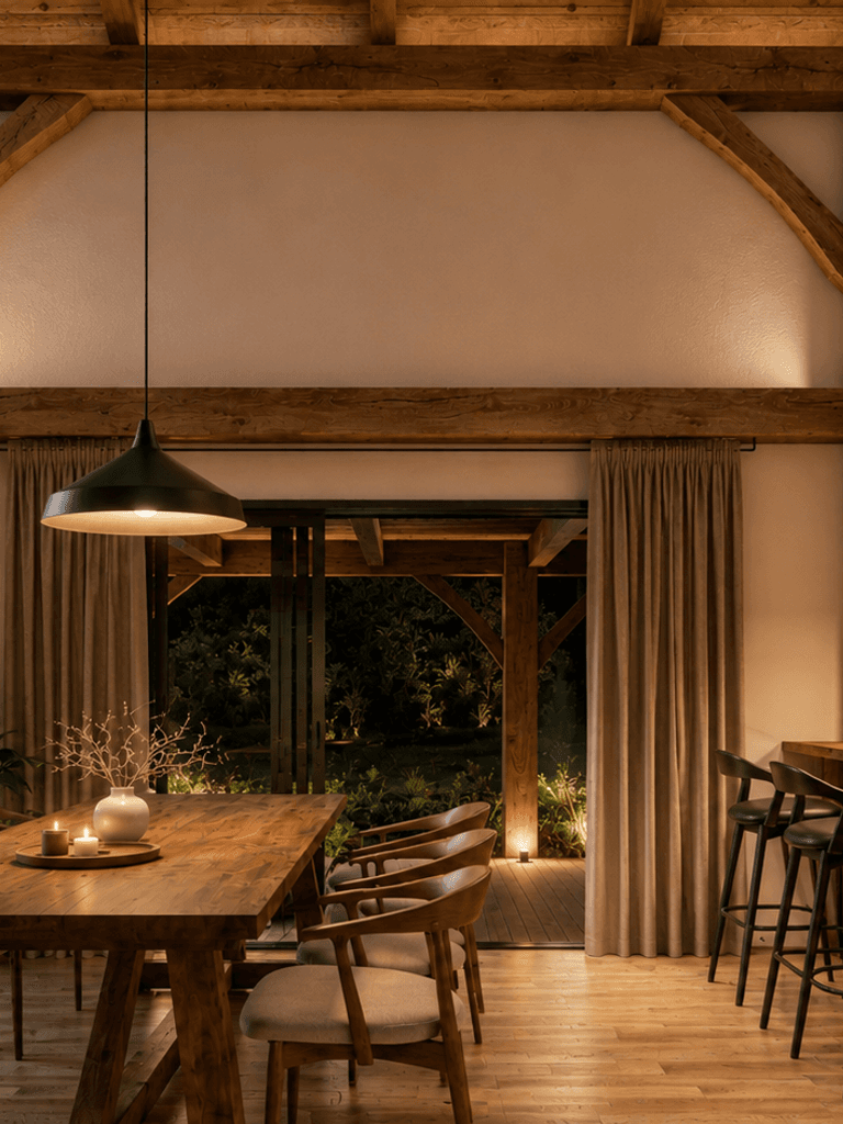 New Zealand timber barn home kitchen and living area showcasing traditional post and beam craftsmanship and contemporary country design