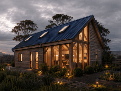 Small stylish timber frame house with Scandinavian-inspired architecture and countryside lifestyle