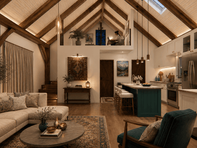 Compact barn-style home with open-plan living and handcrafted Douglas-fir timber frame