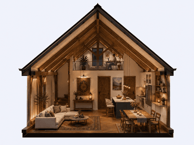 Elegant timber frame home with cathedral ceiling, exposed beams and modern country interior