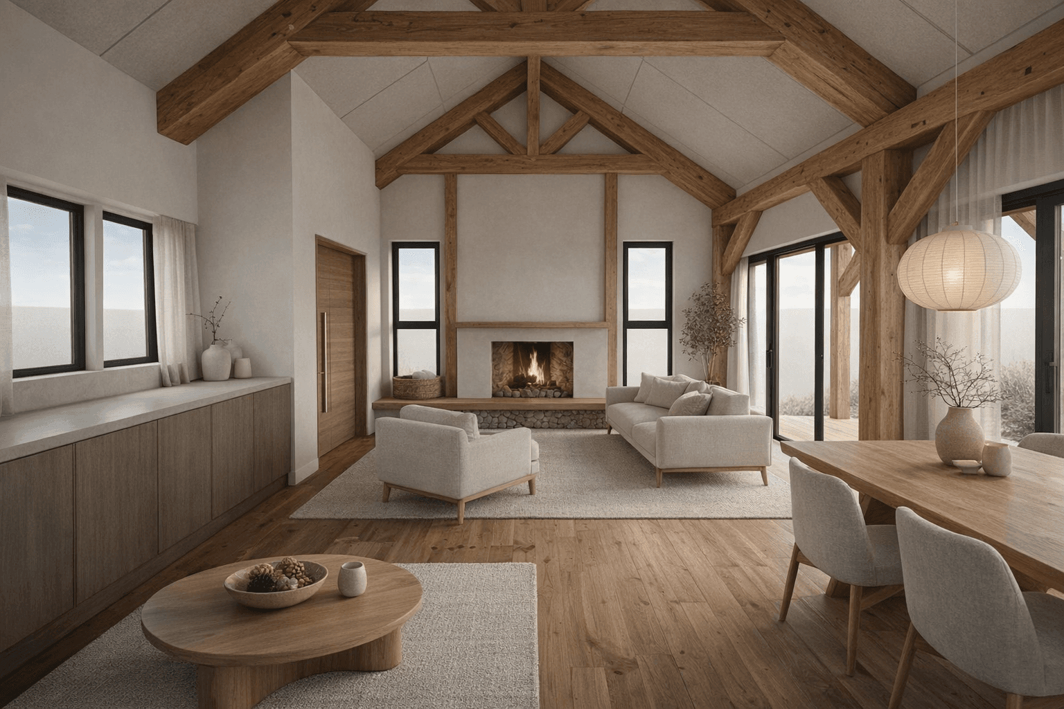 Open plan timber home interior with fireplace and Scandinavian Japanese styling