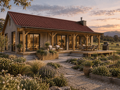 Small  cosy NZ timber frame home with Douglas-fir vertical cladding, rural garden and outdoor living area