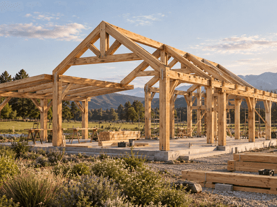 Douglas-fir timber frame home under construction on a rural lifestyle property in New Zealand