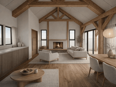 Open plan timber home interior with fireplace and Scandinavian Japanese styling