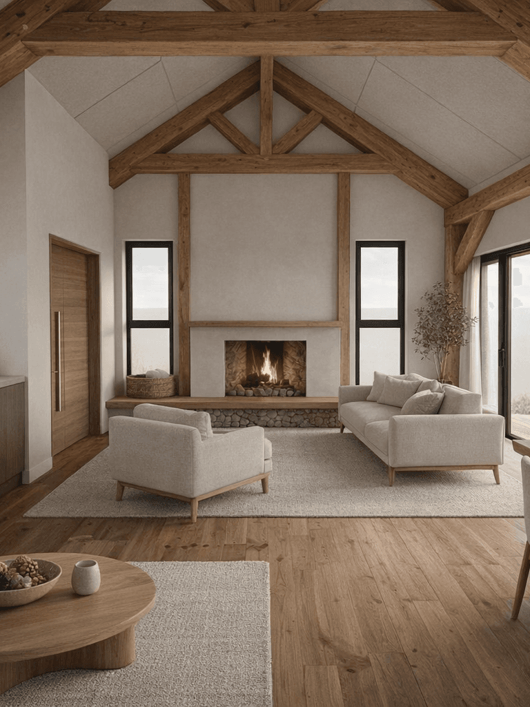 Open plan timber home interior with fireplace and Scandinavian Japanese styling