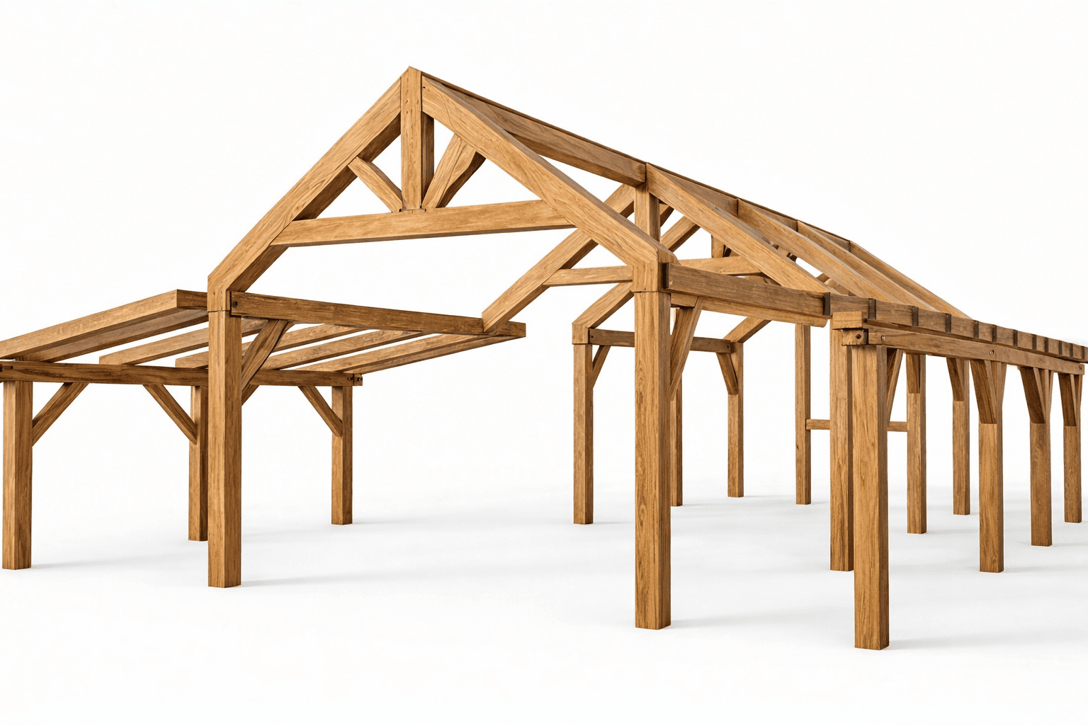 Exposed timber frame structure with handcrafted joinery and clean white background