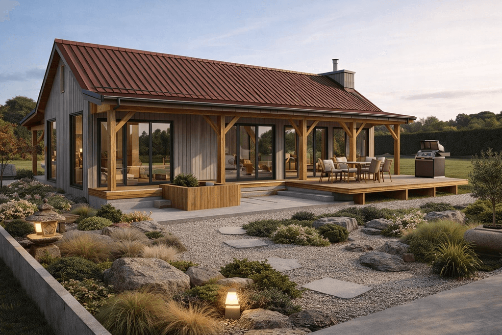 Japandi style timber home with landscaped garden and minimalist outdoor design