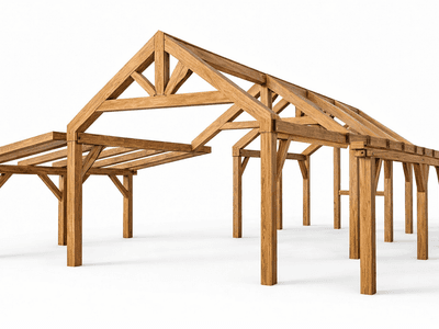 Exposed timber frame structure with handcrafted joinery and clean white background