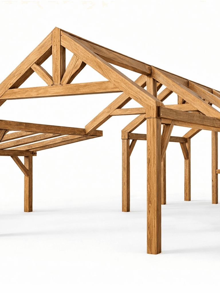 Exposed timber frame structure with handcrafted joinery and clean white background