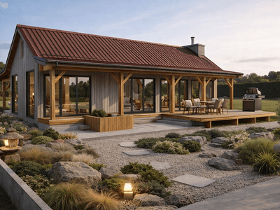 Japandi style timber home with landscaped garden and minimalist outdoor design