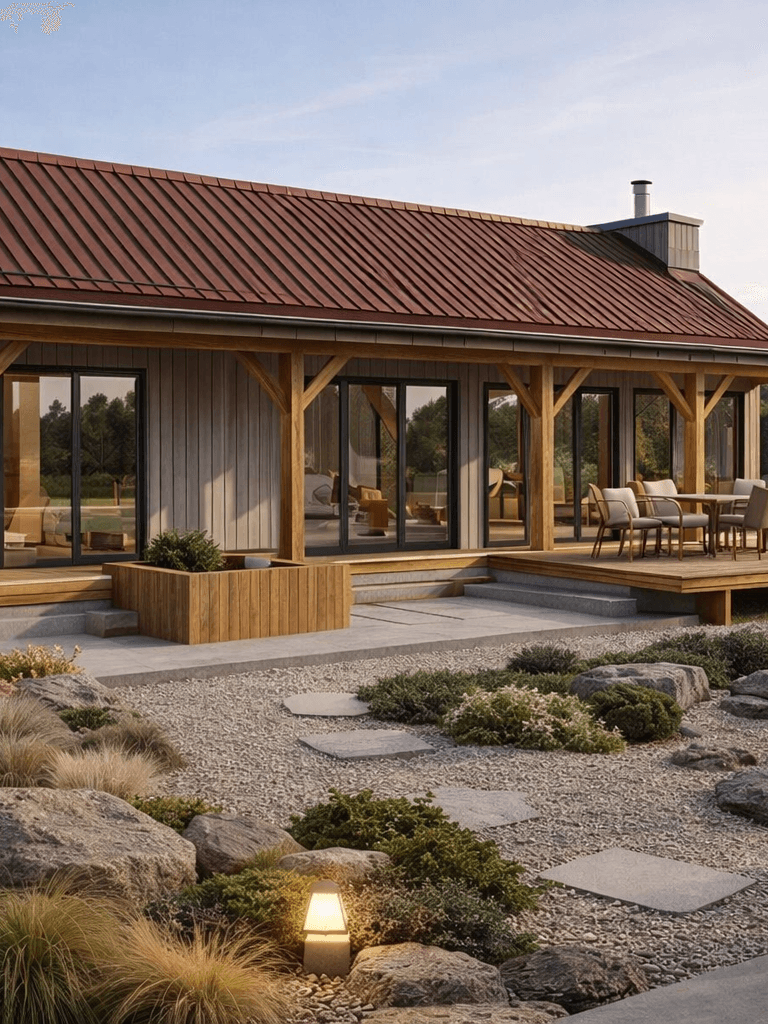 Japandi style timber home with landscaped garden and minimalist outdoor design