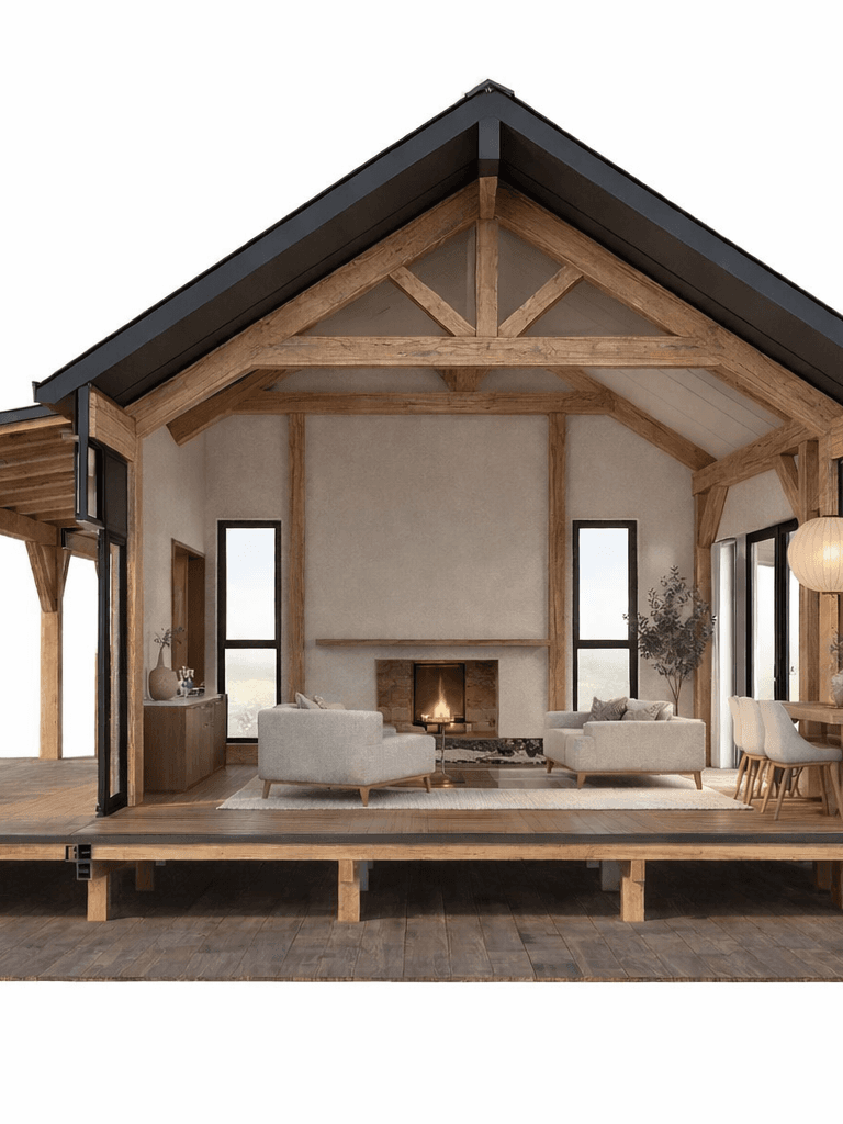 Japandi inspired small home with timber beams, outdoor dining and premium lifestyle