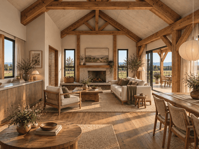 NZ timber frame home interior with exposed Douglas-fir beams, open-plan living - Heritage Timbercraft