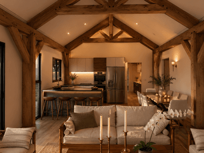 Cosy 100m² timber frame house with vaulted ceiling and exposed beams