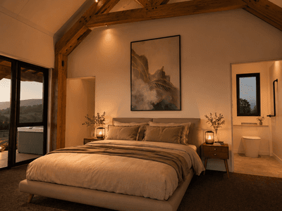 Small luxury timber frame home with open-plan living and kitchen