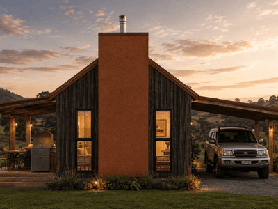 Timber frame holiday home with elegant rustic interior and fireplace