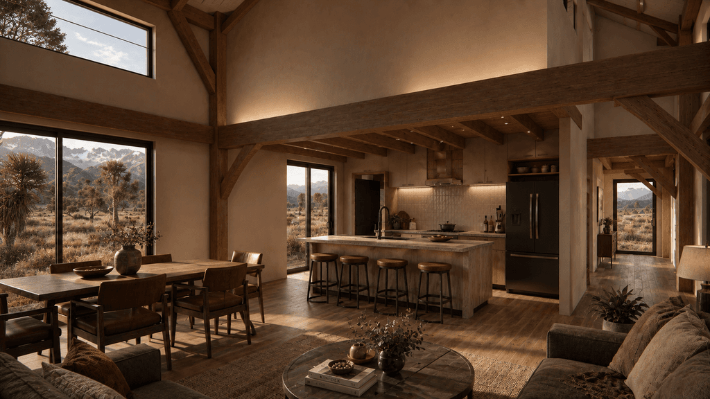 Prairie-style timber frame home interior with vaulted ceilings, exposed beams, warm wood flooring and an alpine landscape beyond the windows, featuring New Zealand flaxes, cabbage trees and tussocks.