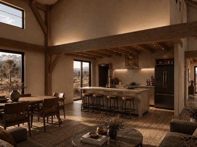 Prairie-style timber frame home interior with vaulted ceilings, exposed beams, warm wood flooring and an alpine landscape beyond the windows, featuring New Zealand flaxes, cabbage trees and tussocks.